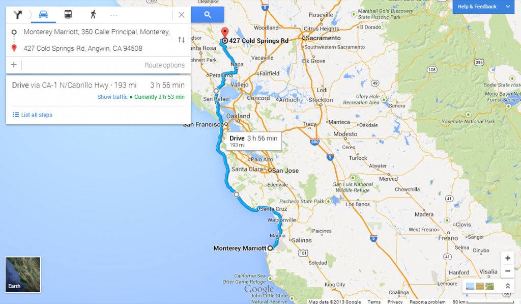 Map from Monterey to Napa
